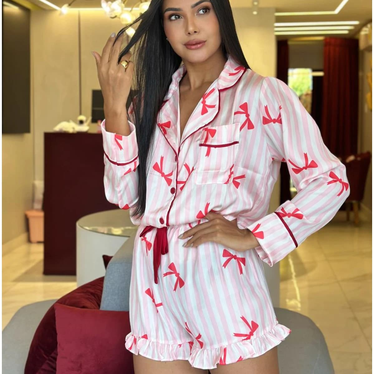 Pijama cetim americano manga longa
